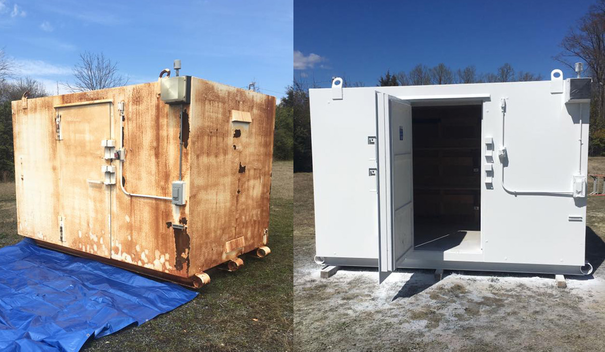 Industrial enclosure before and after surface preparation