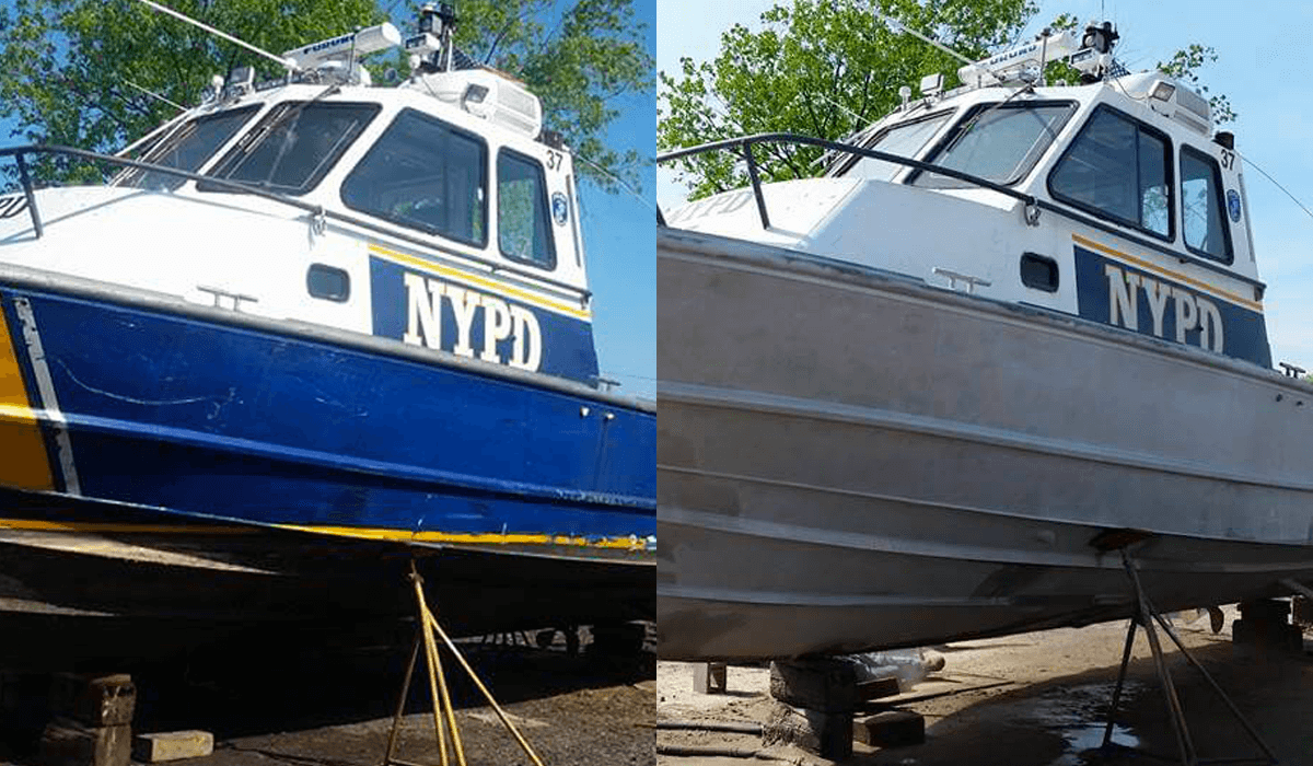 Boat hull before and after dustless blasting